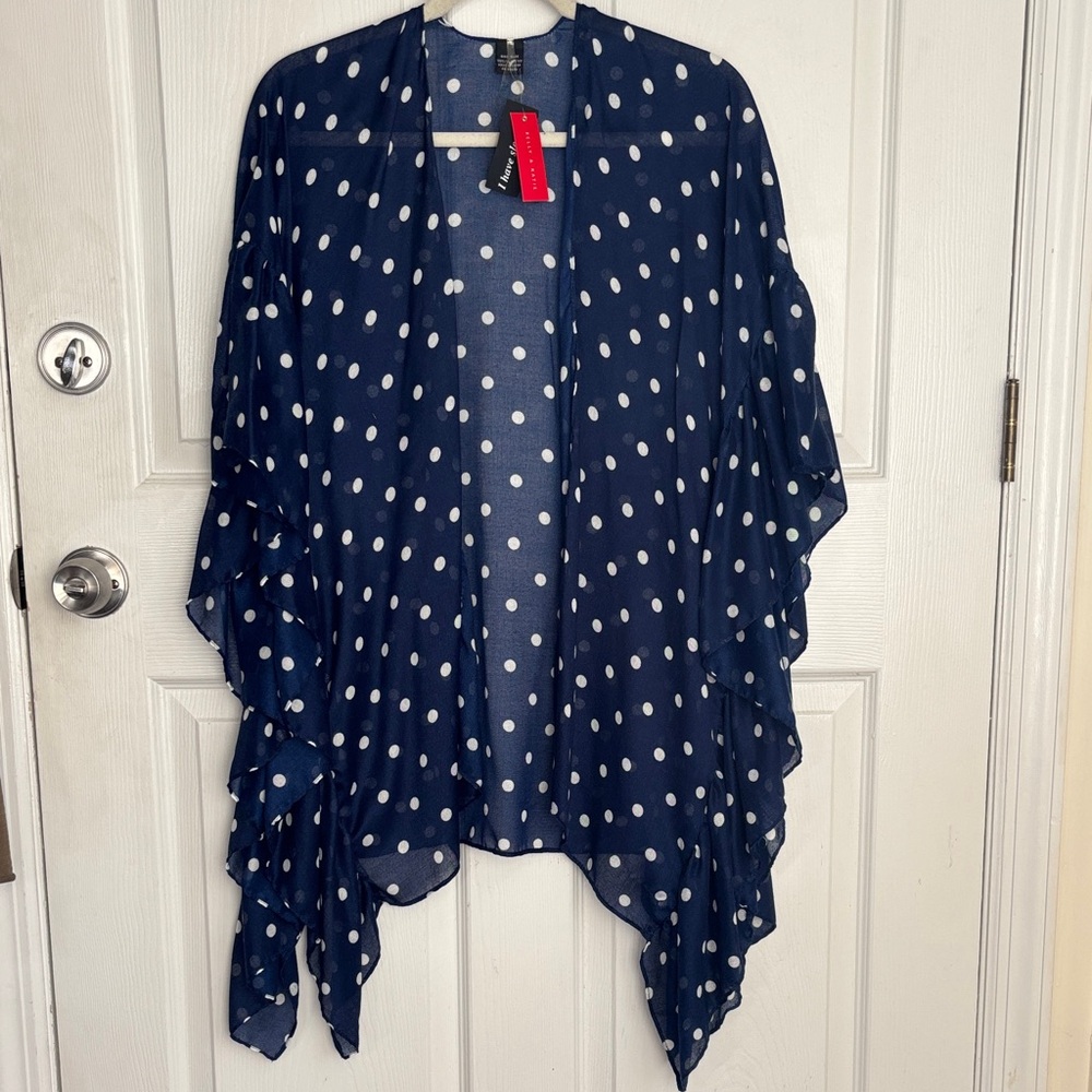 NEW Kelly & Katie Blue Polka Dot Kimono Poncho with Arm holes one Size Fits Most
